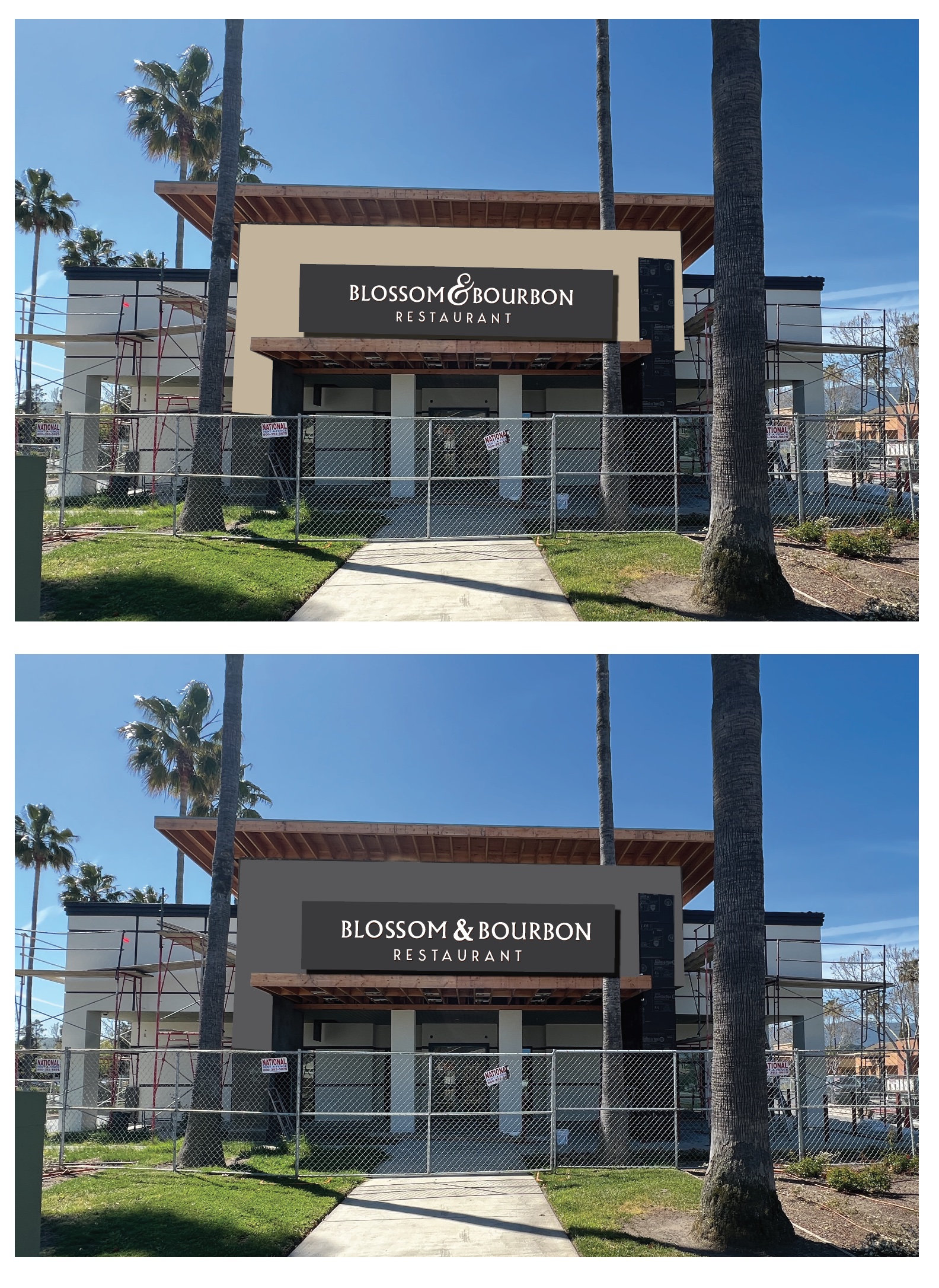 Two mockups of the entry tower with a full backer panel behind the sign — one tan, one dark gray — from the early design rounds.