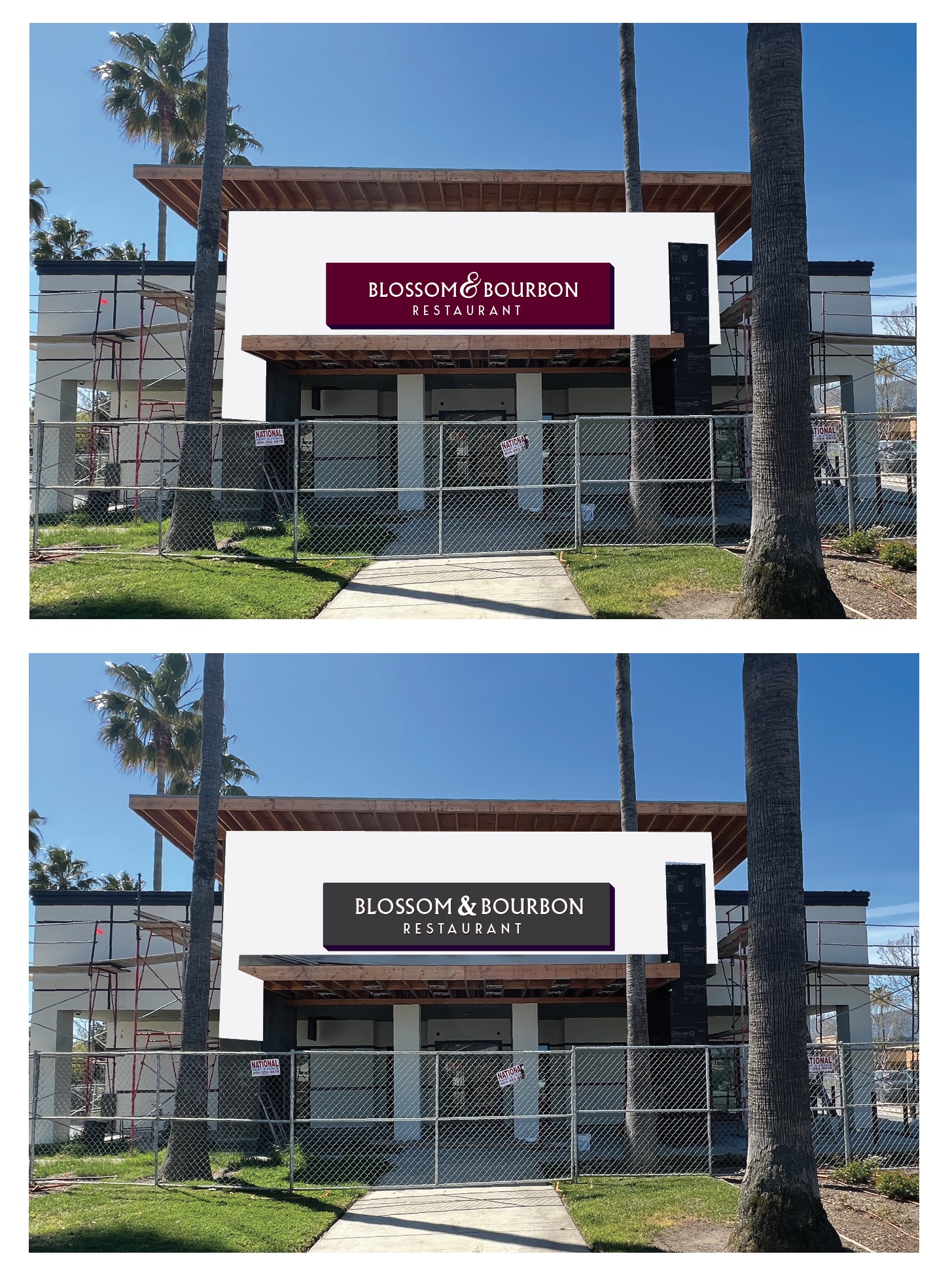 Two more mockups of the entry tower testing sign panel colors — a deep burgundy version and a charcoal version — before the final direction was chosen.