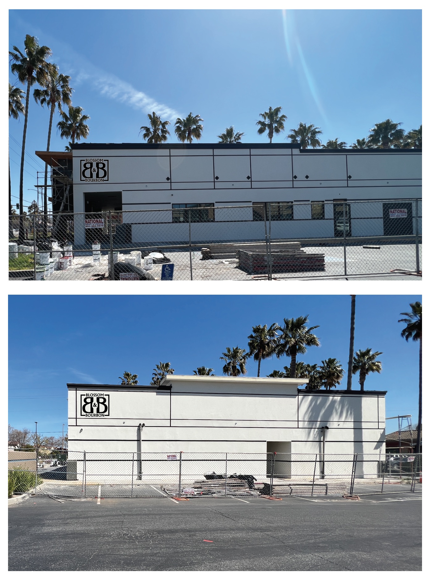Two photo mockups of the B&B monogram placed on the building's side wall during construction, testing scale and position on the white stucco.