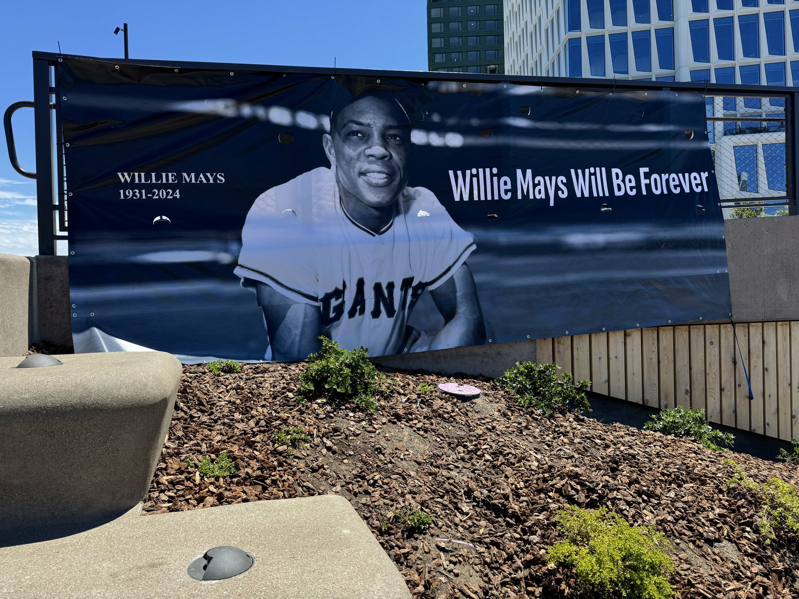 Willie Mays memorial banner at the ballpark