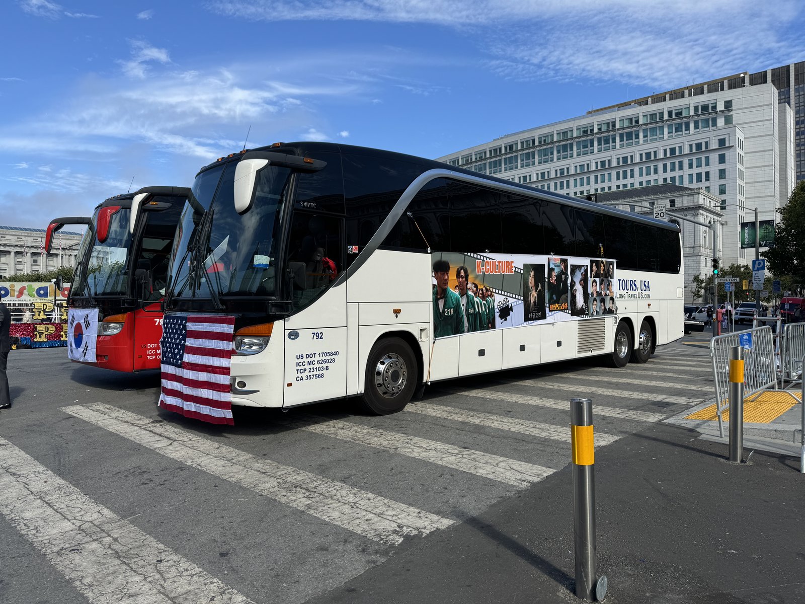 K-Culture tour bus with Korean and US flags