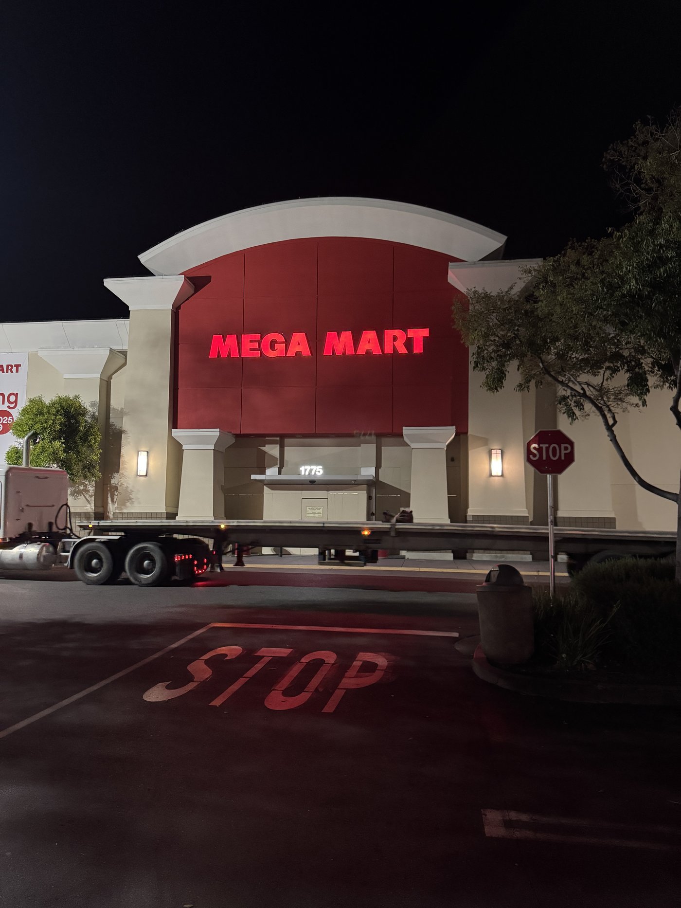 Mega Mart channel letter signage at night