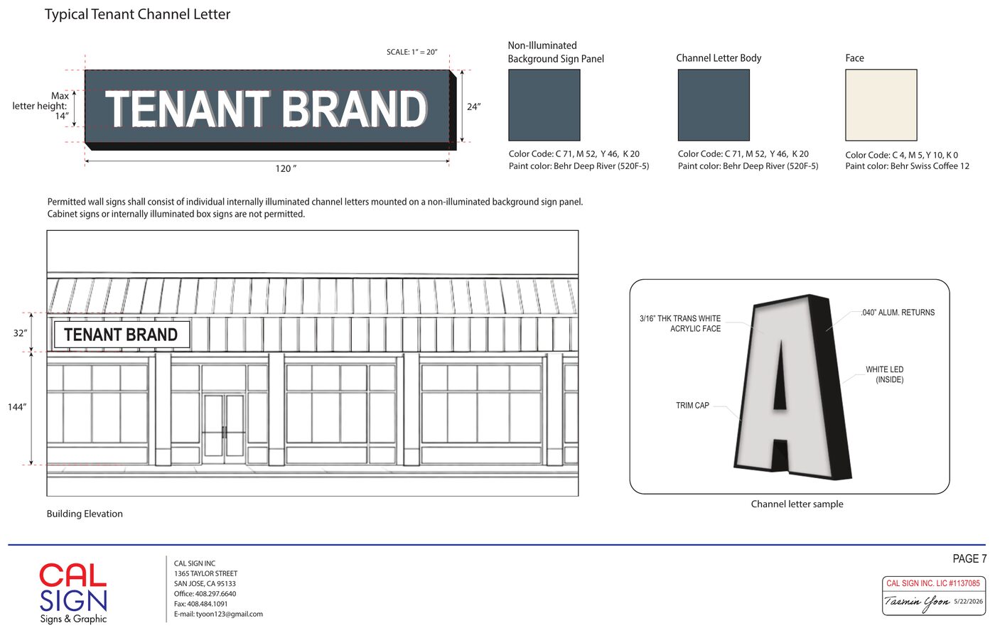 Master sign plan sheet showing the typical tenant channel letter: dimensioned sign panel, approved paint colors with CMYK codes, building elevation, and a channel letter cross-section.