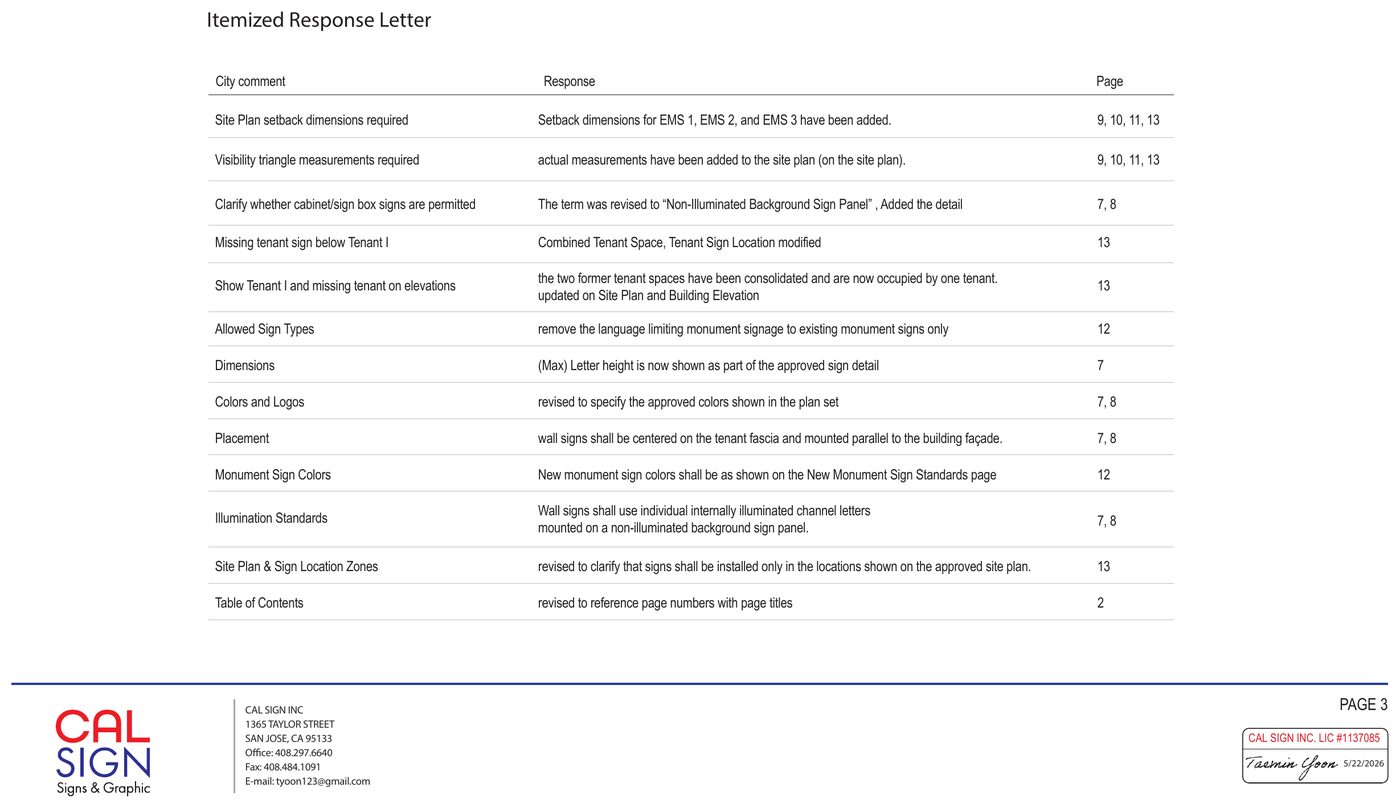 Itemized response letter sheet: a table pairing each city comment with the specific revision made and the page it appears on.