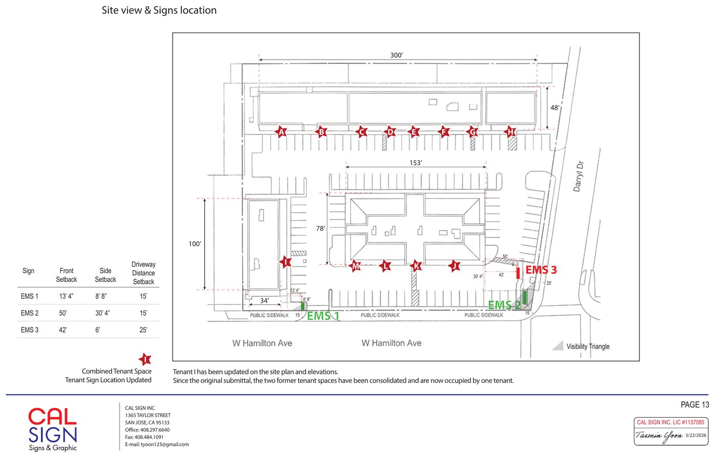 Site plan sheet showing all three buildings, every tenant sign location lettered A through M, monument sign positions, setbacks and visibility triangles.